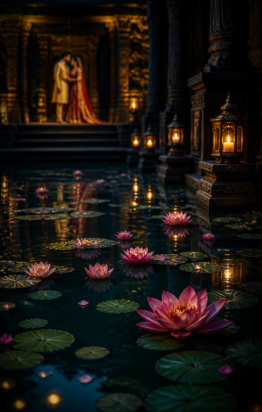 Lotus blossoms floating on a lamplit temple pond at night