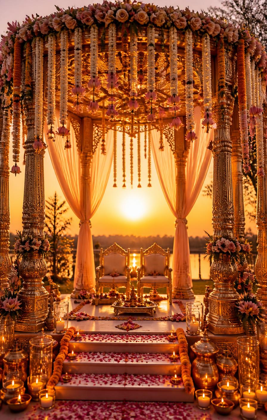 Floral wedding mandap at sunset