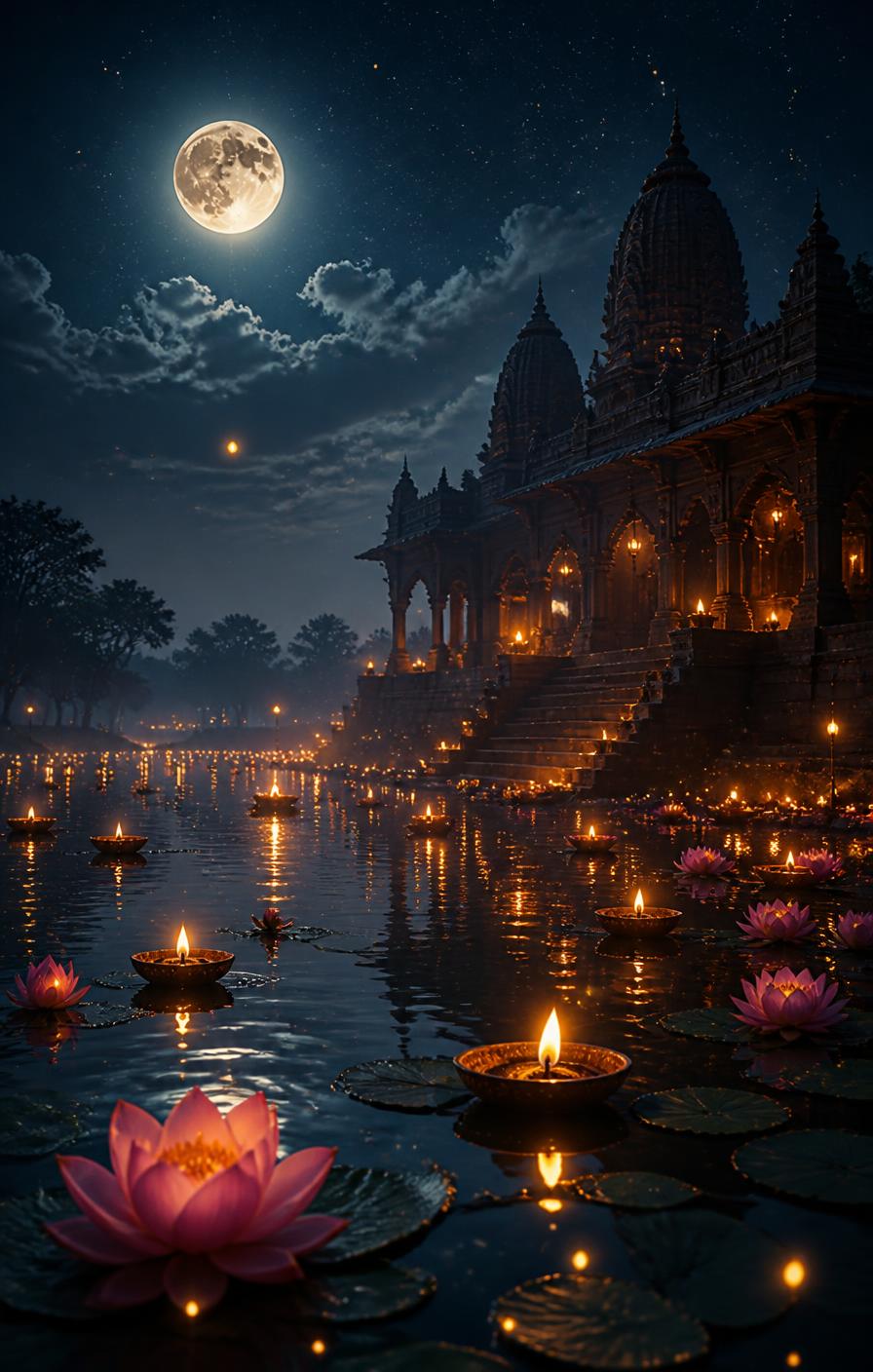 Temple silhouette with floating diyas at night