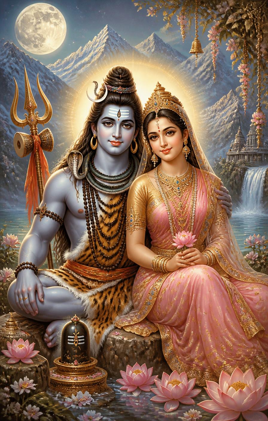 Classical devotional artwork of Shiva and Parvati