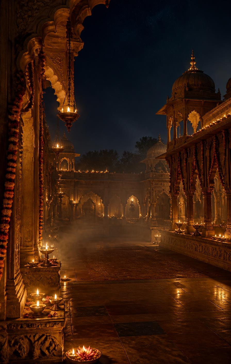 Lamplit Mughal temple courtyard with diyas at night